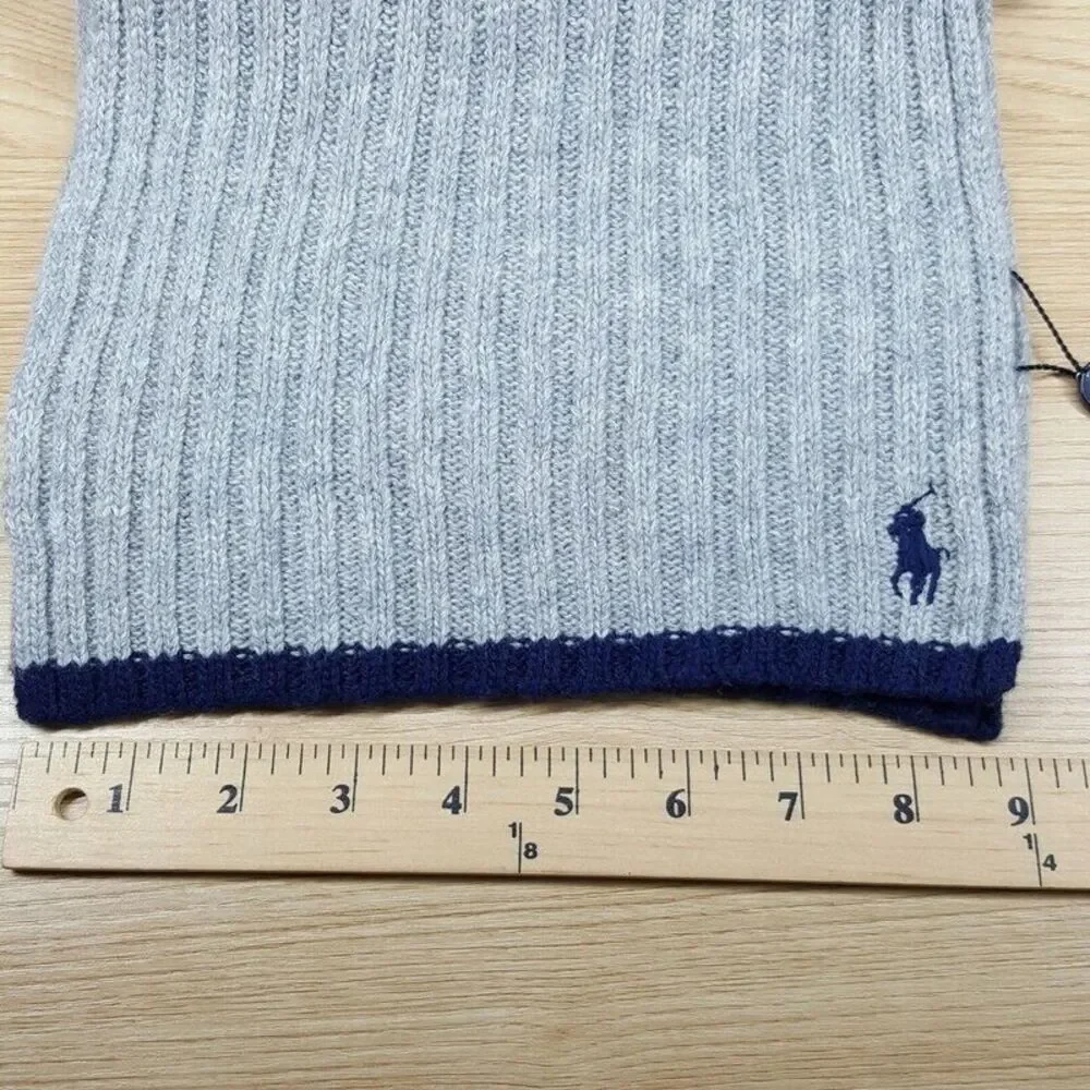 POLO RALPH LAUREN Mens Scarf Gray Ribbed Stripe Hem Wool Blend Pony Logo 9x70